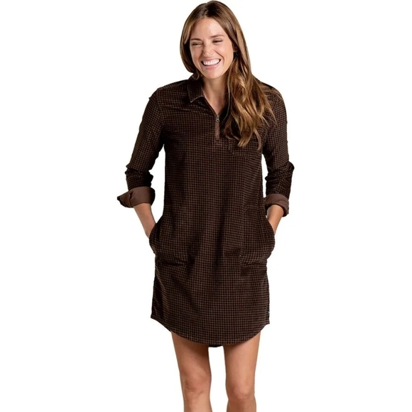 Toad & Co Corduroy Shirt Dress L Houndstooth Popover Pockets Fall Layering - Picture 2 of 9